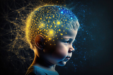 Obraz premium child, children's brain. glowing blue lines. neural connections. artificial intelligence. AI Generative