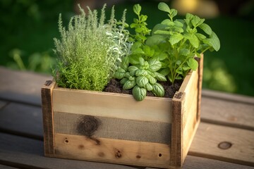 Wooden box with various fresh green herbs growing outdoors in the garden. AI generated