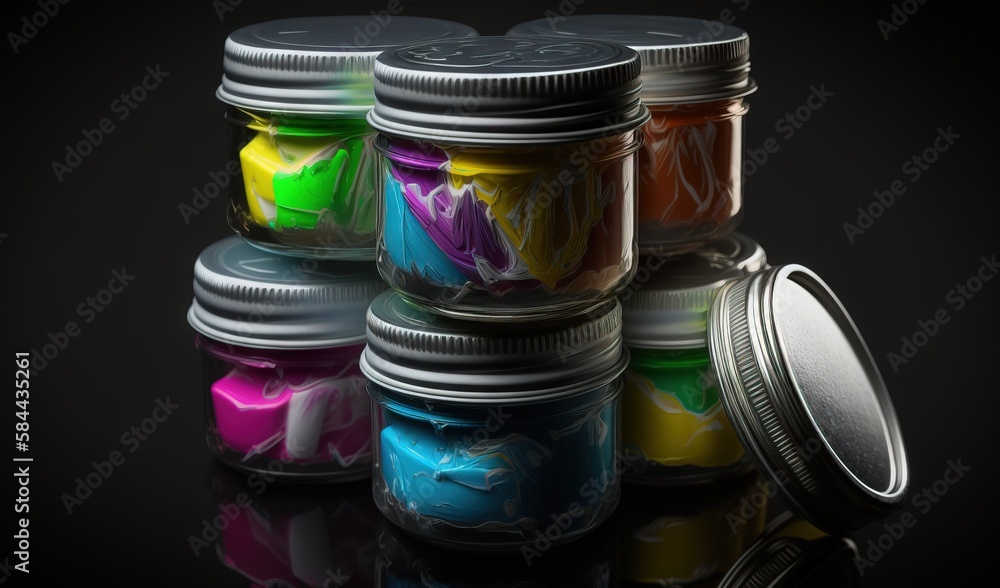 Poster a group of jars filled with different colors of paint on a black background. generative ai