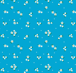 Cute floral pattern in the small flower. Seamless vector texture. Elegant template for fashion prints. Printing with small ivory white flowers. Vintage blue background. Simple flat modern drawing.