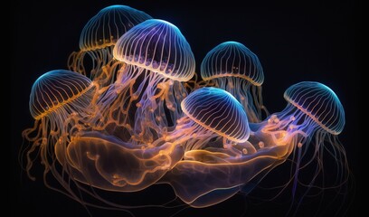  a group of jellyfish floating in the ocean together on a black background.  generative ai