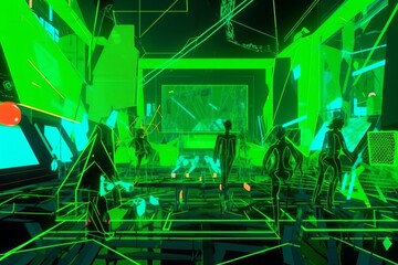 Virtual Reality Bar with Chaotic Green Neon Light Geometric Traces and Dancing Silhouettes, Generative AI