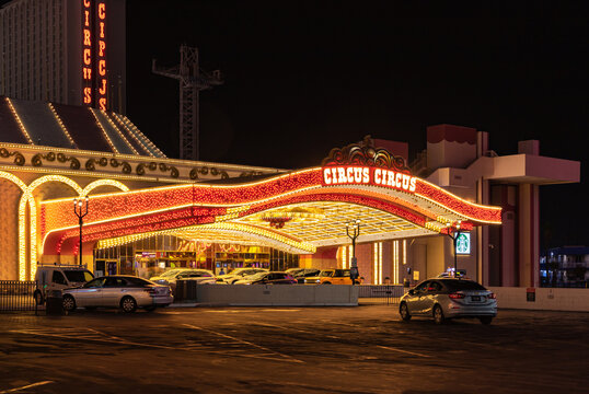 Las Vegas, United States - November 22, 2022: A picture of the entrance to the Circus Circus Hotel and Casino at night.