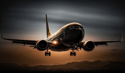 Fototapeta premium a large jetliner flying through a cloudy sky at night. generative ai