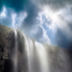 beautiful sky waterfall with bright light. High quality illustration