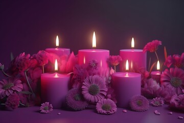 Obraz na płótnie Canvas a group of pink candles sitting next to pink flowers on a purple tablecloth with pink flowers on it and purple petals around the candles. generative ai