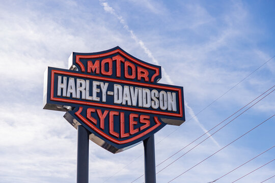 Las Vegas, United States - November 23, 2022: A picture of the Harley-Davidson logo against a blue sky.