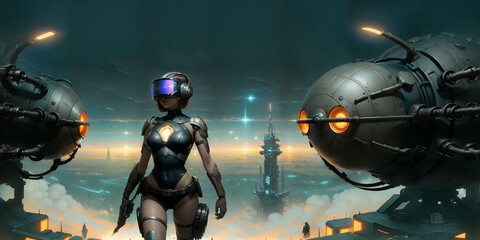 Photo of a woman standing in front of a futuristic cityscape