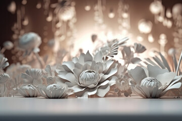 Scenery background. White paper flowers. AI generative.
