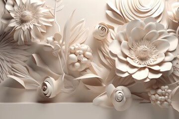 Scenery background. Beige paper flowers. AI generative.