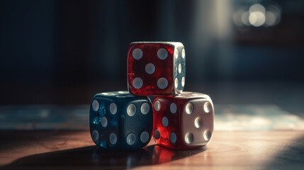 red and blue dices on the table, shallow depth of field.generative ai