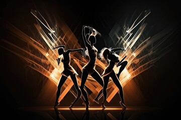 An energetic dance competition scene, with silhouetted dancers in motion and vibrant stage lights illuminating the dark background. Generated by AI.