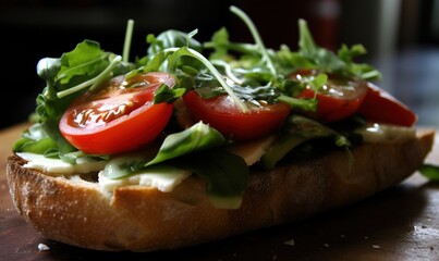  a close up of a sandwich with tomatoes and lettuce.  generative ai