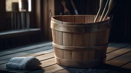 Naklejka na ściany i meble Wooden sauna bucket with wooden spoons, towel and ladle.generative ai
