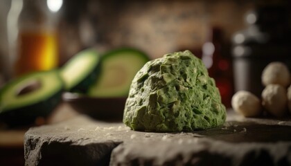 Guacamole on Stone, Blurred Background, Rustic Pub. Generative AI