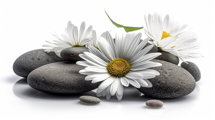 zen basalt stones and daisy on white background with water drops.generative ai