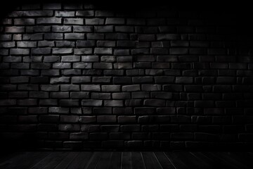  a dark room with a brick wall and wooden floor and a light shining on the floor and the wall is made of bricks and the floor is made of wood.  generative ai