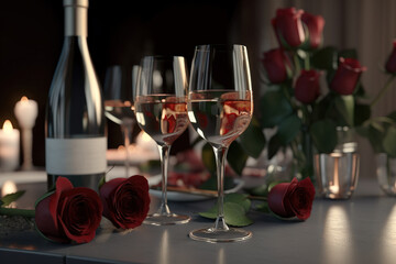  a table topped with glasses of wine and a bottle of wine next to red roses and a vase of roses with candles in the background.  generative ai