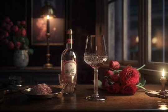  a bottle of wine and a glass on a table with a candle and flowers in the window sill in the background, with a candle lit candle and a rose on the table.  generative ai