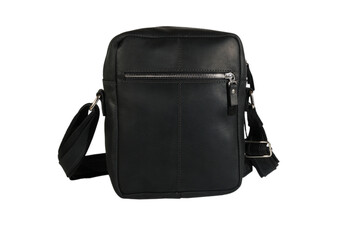 Men's black stylish leather bag with strap on white.