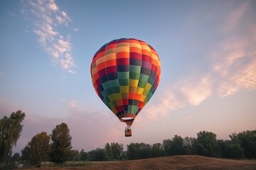  a colorful hot air balloon flying through a blue sky with trees in the background and a few clouds in the sky above it and a dirt field below.  generative ai