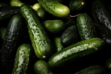  a pile of cucumbers sitting next to each other on top of each other on a black surface with green spots on the cucumbers.  generative ai