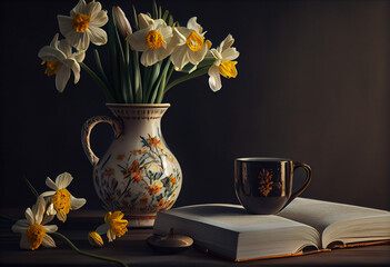 Vase with narcissus flowers, book and cup of tea on table near light wall. Generative AI