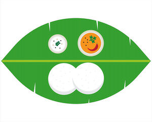 Idly dish along with sambar and chutney served in traditional style with Banana leaf .