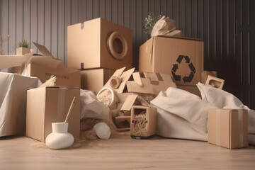  a pile of cardboard boxes and other items on the floor in a room with a striped wall and a wooden floor with a black stripe wall.  generative ai