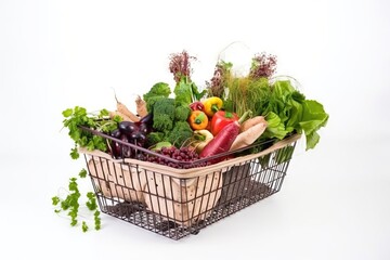  a basket filled with lots of different types of fruits and vegetables on a white background with a white background behind the basket is a green leafy plant.  generative ai