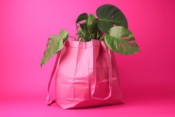  a pink paper bag with a plant in it on a pink background with a pink background and a pink background with a pink background and a pink background.  generative ai