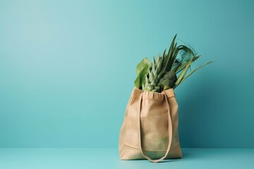  a bag with a bunch of green plants inside of it on a blue surface with a blue background in the corner of the image is a blue wall.  generative ai