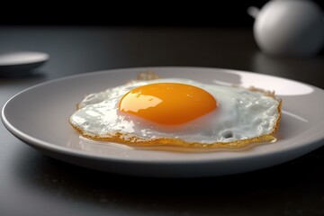 a fried egg is on a plate on a table next to a teapot and a teapot on a table top with a black surface.  generative ai