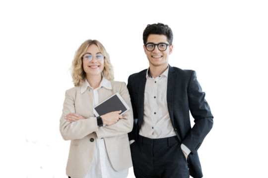 A woman and a man in business suits young entrepreneurs startup together, transparent background, png, isolated.