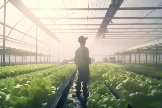  a man standing in a greenhouse with lettuce growing in the ground and a foggy sky behind him and a sunlit area behind him.  generative ai