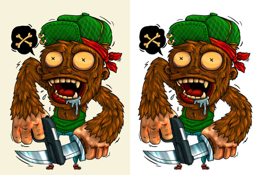 Crazy Monkey with gun and knife, illustration on transparent background