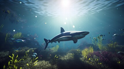 Naklejka premium Holographic shark in the sea AI Generated