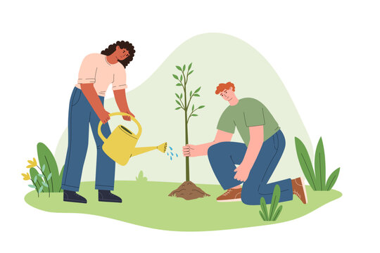 Group people plant trees in park, reforestation. Ecology concept. Taking care of planet. World Environment Day. Gardener or farmer work in garden. Creative web page illustration