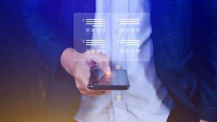 Online exam concept, choose correct answer in test. checklist and online testing on smartphone. online exam test with smartphone. online questionnaire results on desktop. quiz.