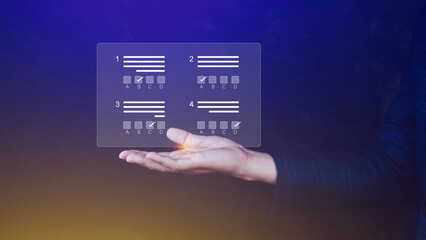 Online exam concept, choose correct answer in test. checklist and online testing. online exam test. online questionnaire results on desktop. quiz.