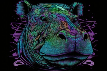 Stylized colorful portrait of a hippopotamus head with multicolored splashes on a dark black background. Generative AI illustration.