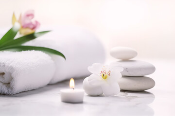 Fototapeta na wymiar Spa still life of white towels, candles, and flowers in a Zen spa setting to promote relaxation, wellness and healthy self-care.