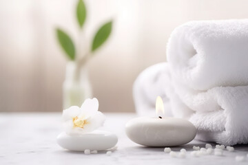 Obraz na płótnie Canvas A peaceful spa setting with a white towel, candle and flower, promoting relaxation and wellness through healthful therapy.