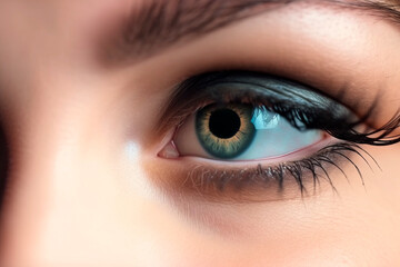 Close up detail beautiful female eye macro, fashion naturel makeup. Generative ai