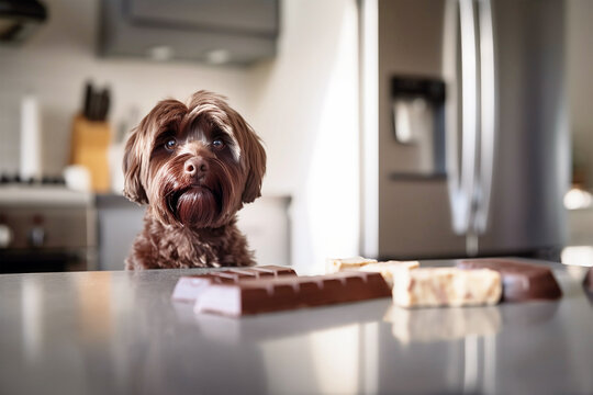 Small dog looking at chocolate bars on kitchen counter. 