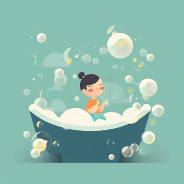 A child taking a bubble bath and letting their worries drift away in the water.. AI generation.