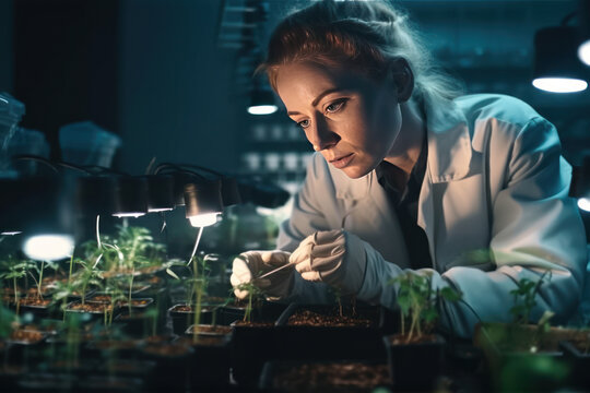 A female scientist researches and records data on cannabis plants in a pot.