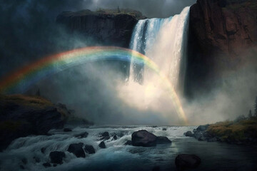 Rainbow over waterfall Generative AI