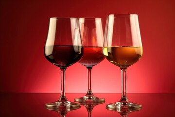  three glasses of wine are sitting on a table with a red background and a red wall behind them, with a red background behind them.  generative ai