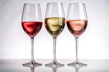 Fotobehang  three glasses of wine are lined up in a row on a table with a white background in the middle of the glasses is a red, white, pink, yellow, and pink, and green.  generative ai © Shanti